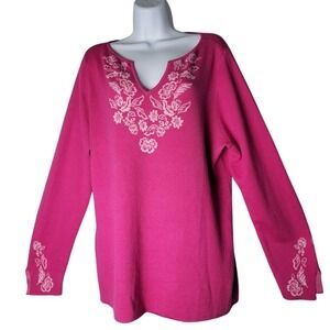 Susan Graver Women's L Pink Floral Embroidered Knit Sweater Pullover Long Sleeve